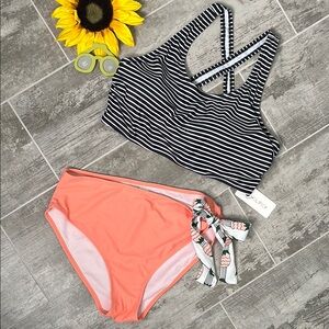 Striped Black and White Bikini Top with Coral Bottoms